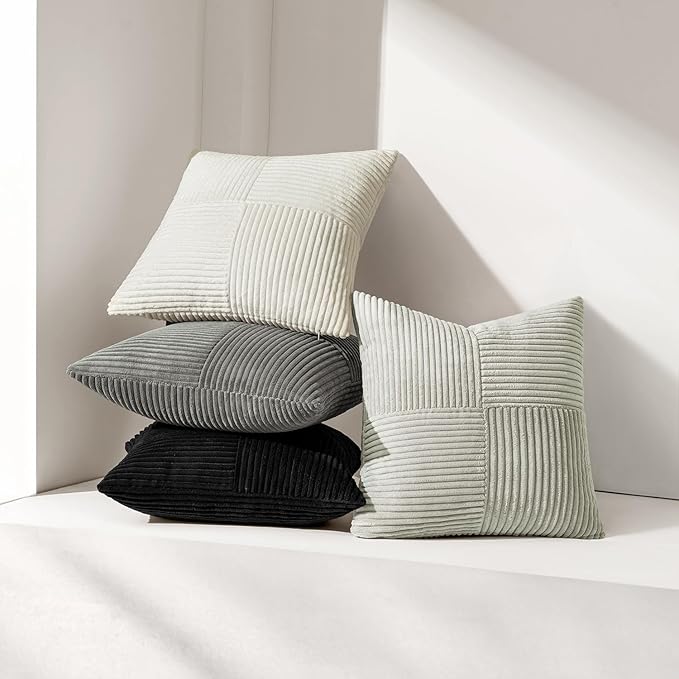 MIULEE Black Corduroy Pillow Covers Pack of 2 Boho Decorative Spliced Throw Pillow Covers Soft Solid Couch Pillowcases Cross Patchwork Textured Cushion Covers for Living Room Bed Sofa 12x24 inch