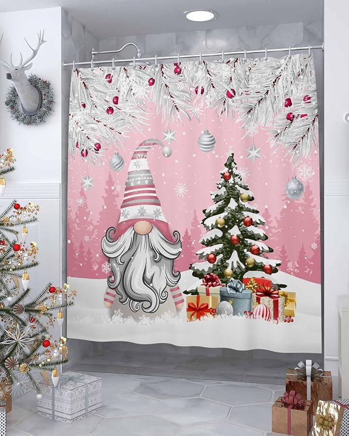 Vandarllin Christmas Gnome Shower Curtain, Winter Merry Christmas Tree Balls Shower Curtains Set with Hooks, Pink Waterproof Fabric Bathroom Curtains Decor Home Accessories,72X 96 Inch Extra Long