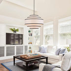 25.6" Black Drum Chandelier with White Linen Lampshade 6-Light Modern Farmhouse Chandelier Light Fixture for Living Room, Dining Room, Kitchen Island, Entryway, Stairway