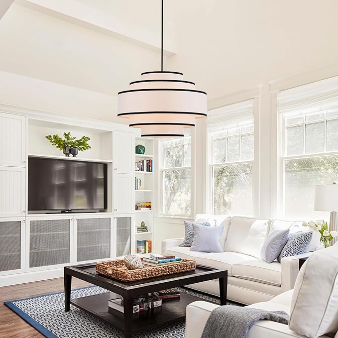 25.6" Black Drum Chandelier with White Linen Lampshade 6-Light Modern Farmhouse Chandelier Light Fixture for Living Room, Dining Room, Kitchen Island, Entryway, Stairway