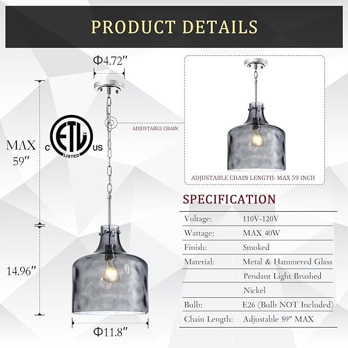 16" Extra Large Farmhouse Pendant Light – Hand-Blown Smoked Gray Hammered Glass Shade, Polished Chrome Finish, Adjustable Chain Hanging Light Fixture for Kitchen Island, Dining Room, Hallway