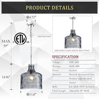 16" Extra Large Farmhouse Pendant Light – Hand-Blown Smoked Gray Hammered Glass Shade, Polished Chrome Finish, Adjustable Chain Hanging Light Fixture for Kitchen Island, Dining Room, Hallway
