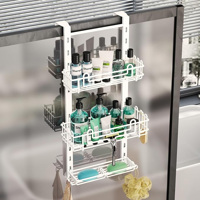 HapiRm 3 Tier Over the Door Shower Caddy, Hanging Shower Caddy with 16 Hooks and 2 Soap Holders, No Drilling Adjustable Hanging Bathroom Organizer - White