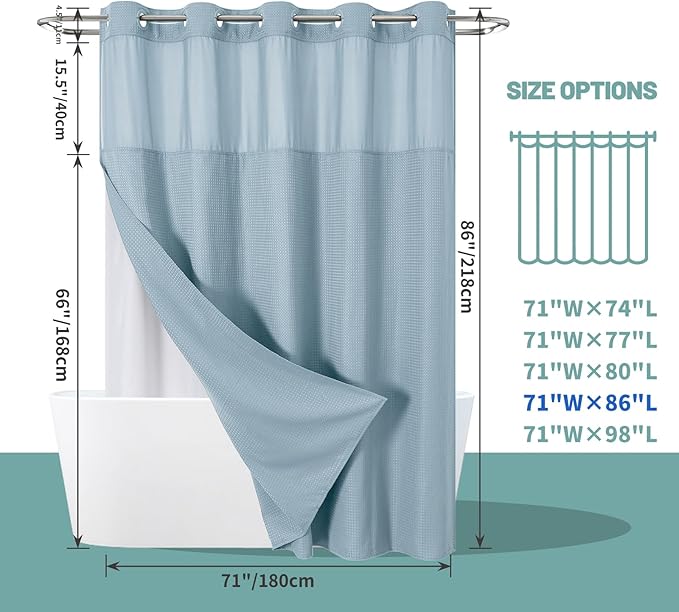 Teal Extra Long No Hook Waffle Weave Shower Curtain with snap-in Liner Replacement, 230GSM Waterproof Fabric Hotel Shower Curtain Set for Bathroom, Through Mesh Top Window,71Wx86H