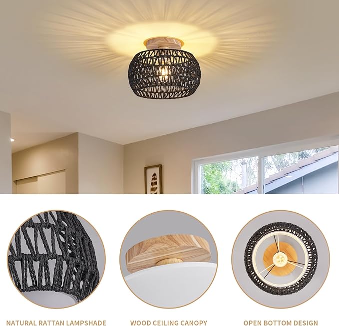 Boho Rattan Ceiling Light Fixture - 3 Style Options Wicker Semi Flush Mount Ceiling Lights,Black Bohemian Woven Basket Chandelier,Coastal Light Fixtures for Hallway Bedroom Nursery Playroom Laundry