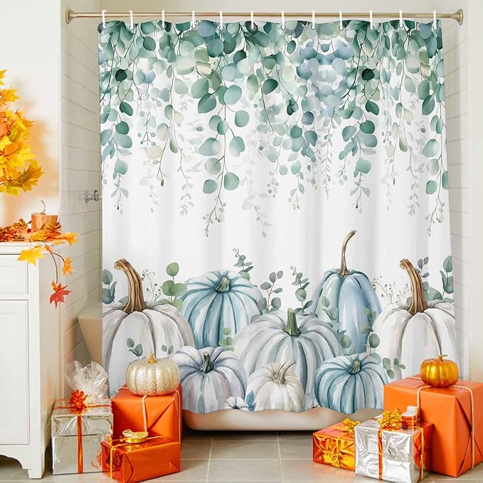 Fall Thanksgiving Shower Curtain, Teal White Pumpkin Shower Curtains Set with Hooks, Floral Sage Green Eucalyptus Leaves Waterproof Fabric Bathroom Curtains Decor Home Accessories,66 X 72 Inch Long