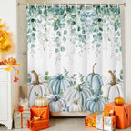 Fall Thanksgiving Shower Curtain, Teal White Pumpkin Shower Curtains Set with Hooks, Floral Sage Green Eucalyptus Leaves Waterproof Fabric Bathroom Curtains Decor Home Accessories,Stall Long 54 X 78