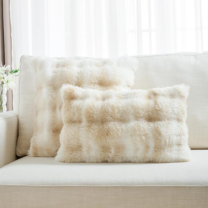 FUTEI Beige White Decorative Throw Pillow Covers 16x16 Inch Set of 2,Soft Fuzzy Faux Rabbit Fur Cushion Covers with Raised Texture,Neutral Boho Home Decor for Couch Bed Living Room