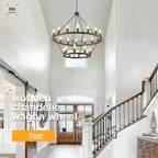 2 Tier Wagon Wheel Chandelier Large Wooden Farmhouse Pendant Light Fixture 24-Light 43" Rustic Round Chandeliers for Foyer Living Room Entryway