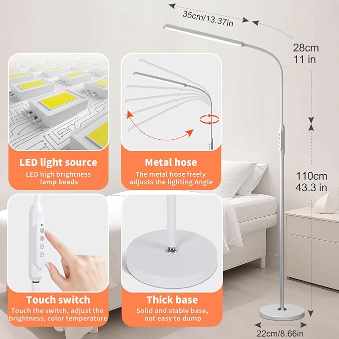 Bright LED Floor Lamps Touch and Remote Dimming for Eyelash Extension Tattoo Manicure Craft Drawing Makeup Living Room Bedroom Office Adjustable Gooseneck Standing Reading Lights esthetician lash lamp