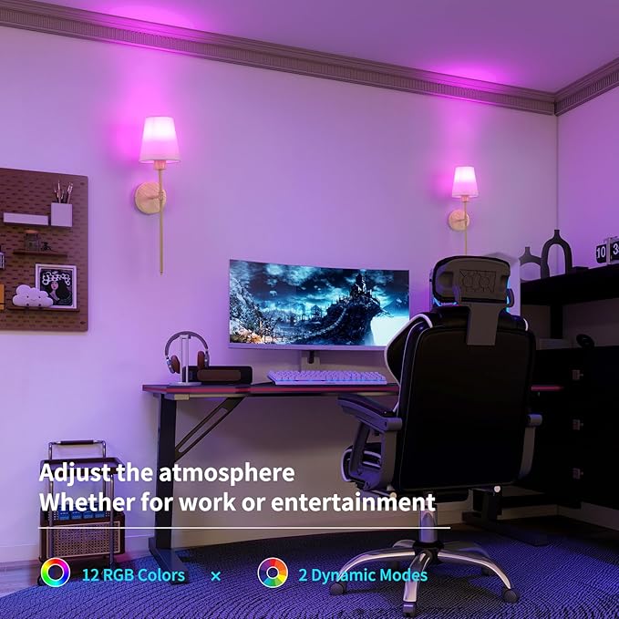 Battery Operated Wall Sconces Set of 2, Beech Color Wall Lamp 5000 mAh Rechargeable Bulb with 12 RGB Colors Dimmable Wall Sconce for Living Room Bedroom
