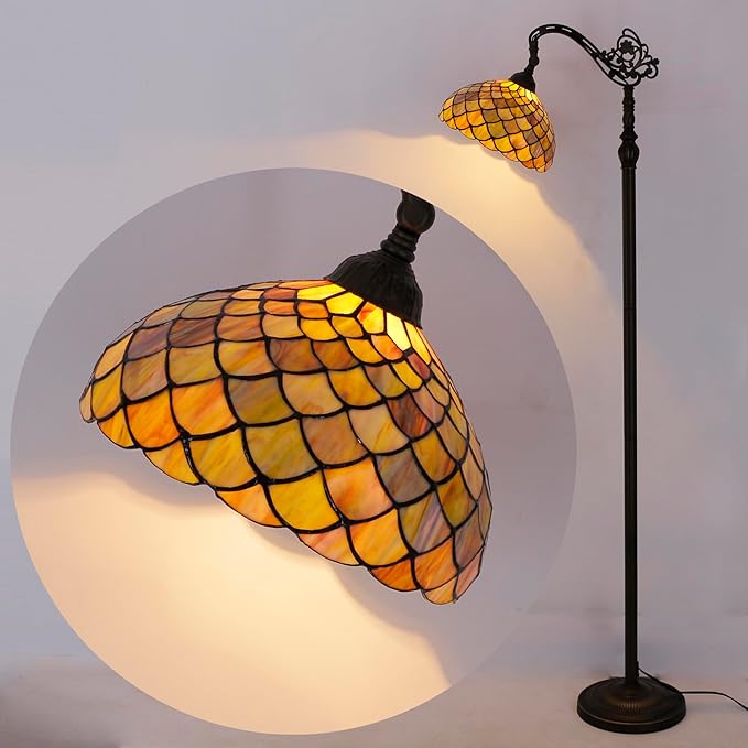 Tiffany Floor Lamp Stained Glass Fish Scales Style Arched Reading Light Gooseneck Adjustable Corner Standing Lamp 12X16X66 Inch for Bedroom Living Room Home Office