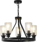 Farmhouse Chandelier Lighting Round 5 Lights Black with Glass Shade Ceiling Hanging Vintage Rustic Light Fixture for Dining Room Living Room Foyer Porch Kitchen Island