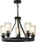 Farmhouse Chandelier Lighting Round 5 Lights Black with Glass Shade Ceiling Hanging Vintage Rustic Light Fixture for Dining Room Living Room Foyer Porch Kitchen Island