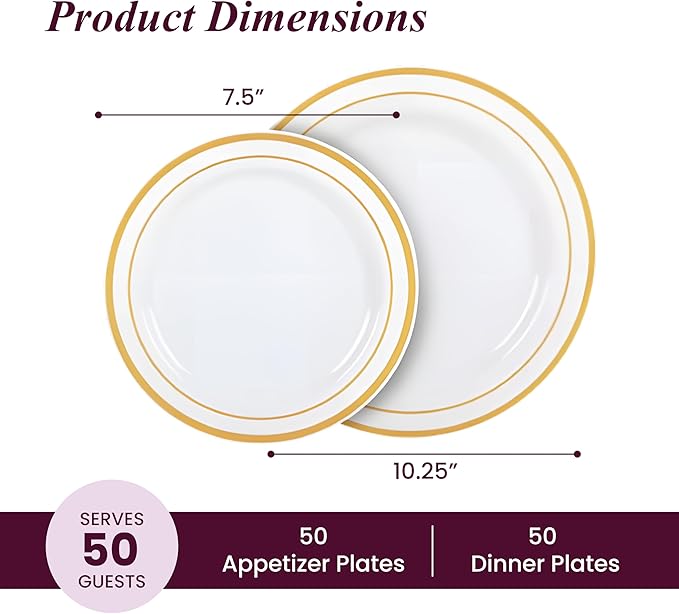 Aya's Cutlery Kingdom 100 Disposable White Plastic Plates with Gold Trim - Includes 50 (10-Inch) Plastic Dinner and 50 (7.5-Inch) Salad Dessert Plates - Heavy Duty and Elegant Tableware