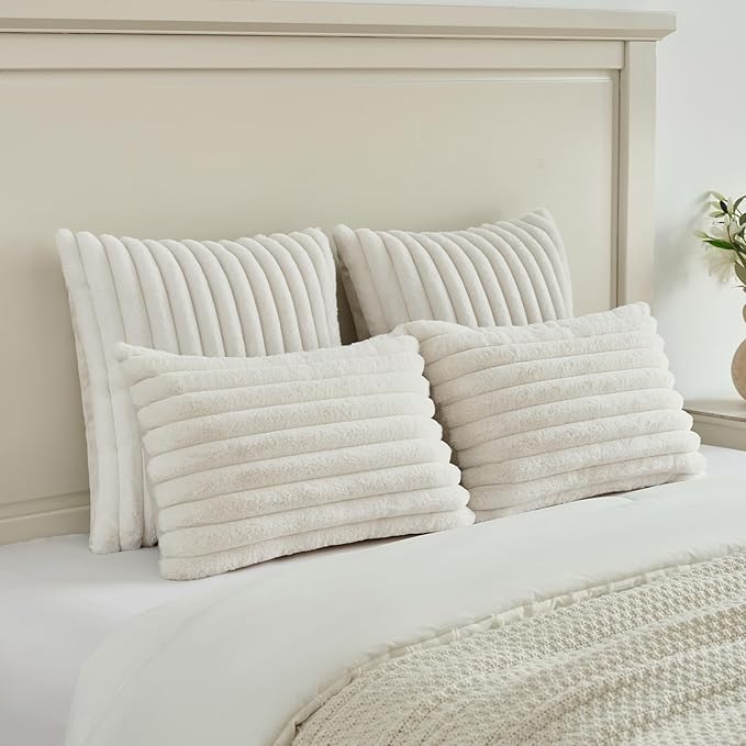 FUTEI Cream White Striped Decorative Throw Pillow Covers 22x22 Inch Set of 2,Square Winter Decorations Couch Pillow Case,Soft Cozy Faux Rabbit Fur & Velvet Back,Modern Home Decor for Bed