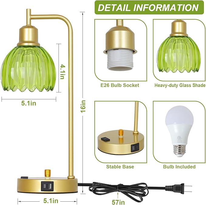 Vintage Table Lamp with USB Port and Outlet Set of 2, Green Glass Bedside Table Lamp For Bedroom, Retro Desk Lamps For Home Office, Mid Century Modern Small Night Stand Lamps, Gold Rustic Desk Light