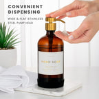 16oz Glass Soap Dispenser with Stainless Steel Pump, 21 Waterproof Labels, Non-Slip Protective Silicone Pad, Set of 2 for Bathroom & Kitchen (Amber Bottle/Brushed Gold Pump)
