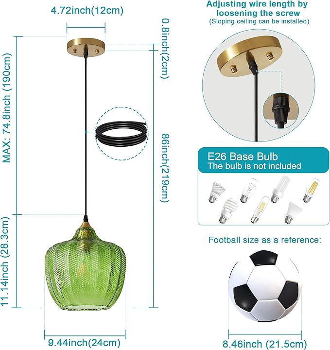 Modern Gold Pendant Light, Green Glass Farmhouse Kitchen Island Pendant Light Fixture Adjustable Vintage Hanging Ceiling Light for Dining Room Corridor Bedroom 9.45 inch