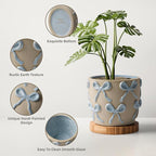 Ceramic Flower Pots for Indoor and Outdoor Plants, Succulent Orchid Round Clay and Terracotta Planter for Garden Home Modern Decoration 5.3 Inch (Blue Bow, Without Saucers)