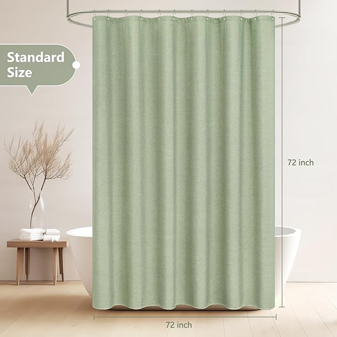Sage Green Faux Linen Textured Shower Curtain Water-Resistant, Heavy Duty Farmhouse Fabric Shower Curtain Washable, 72 x 72 Inch Forest Green Linen Look Bathroom Shower Curtains Wrinkle-Free