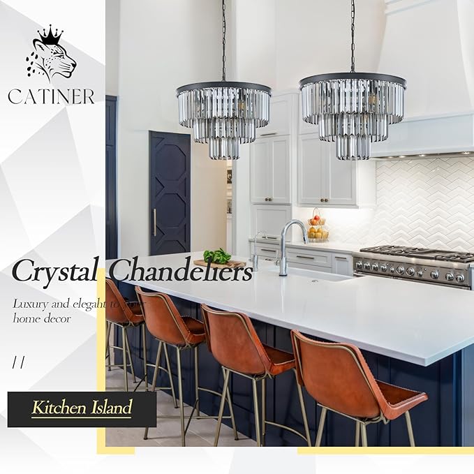 Modern Smoke Gray Crystal Chandeliers, Black 20” Round Chandelier 3 Tiers 7 Lights Luxury K9 Crystal Ceiling Pendant Light Fixture for Dining Room Foyer Bedroom Closet