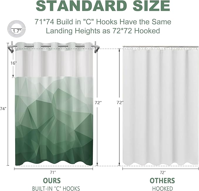 No Hook Shower Curtain with Snap in Liner and Sheer Window, Green Modern Geometric Fabric Shower Curtain Set for Bathroom Decor, 15-Second Quick Install, Abstract Irregular Ombre, 71"X74"