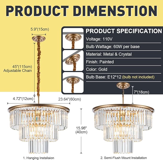 12-Light 23.64" Gold Modern Crystal Chandelier Crystal Pendant Chandeliers Light Fixture 3-Tier Hanging Lighting for Living Dinning Room Bedroom Foyer