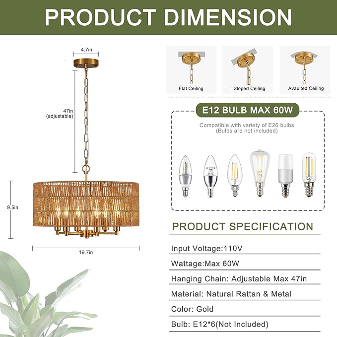 20" Hand-Woven Rattan Chandelier 6-Light Vintage Farmhouse Boho Bamboo Golden Chandelier Light Fixture Retro Drum Wicker Gold Chandeliers for Dining Room, Kitchen, Living Room, E12