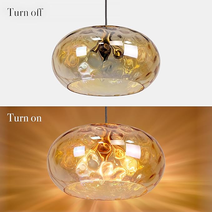 Large Glass Pendant Lighting, 14" Hammered Lampshade Hanging Lamp, 3-Light Brass Gold Chandelier for Dining Living Room Kitchen Island (Amber Glass Shade, 14 Inches)