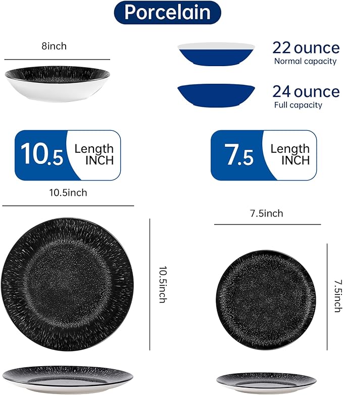 Bestone Plates and Bowls Sets,12 Pieces Round Porcelain Dinnerware Sets,Dishes, Plates, Dishware Sets,Chip Resistant Ceramic Dish Set Dining Dinner Ware Service for 4,Starry Sky Black