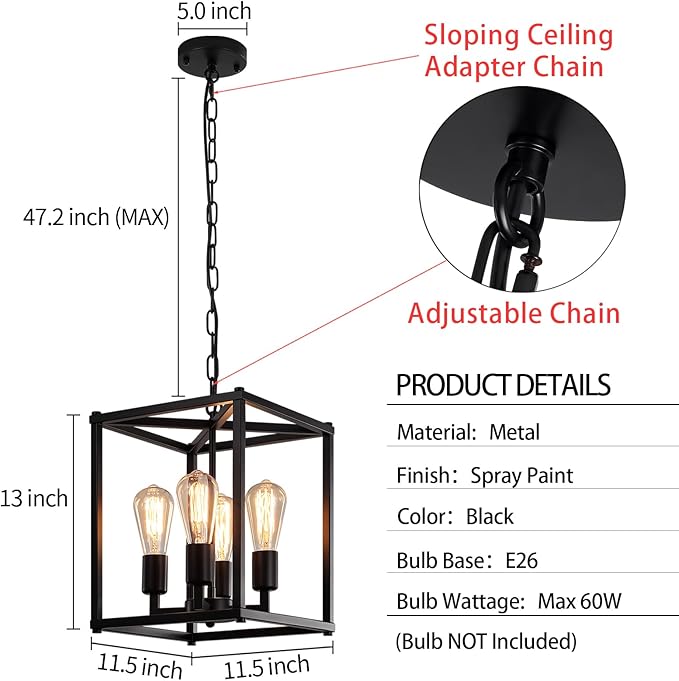 Black Chandelier Dining Room Light Fixtures,4-Light Farmhouse Chandelier Metal Cage Hanging Pendant Lighting Adjustable Height,Industrial Hanging Lights for Kitchen Island Dining Room Hallway Foyer