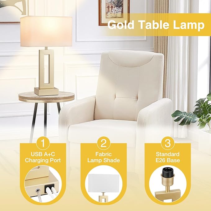 Bedroom Table Lamps Set of 2 - Touch Bedside Lamps with USB C+A, 3 Way Dimmable Gold Lamp for Nightstand, Modern Night Stands Lamps for Living Room End Tables Desk Bed Side Study Room(16.4n)