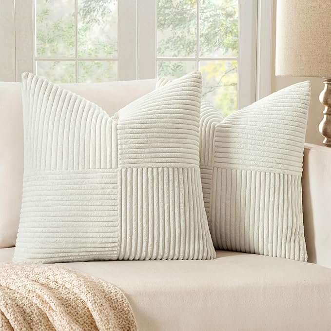 MIULEE White Corduroy Pillow Covers Pack of 2 Boho Decorative Spliced Throw Pillow Covers Soft Solid Couch Pillowcases Cross Patchwork Textured Cushion Covers for Living Room Bed Sofa 20x20 inch