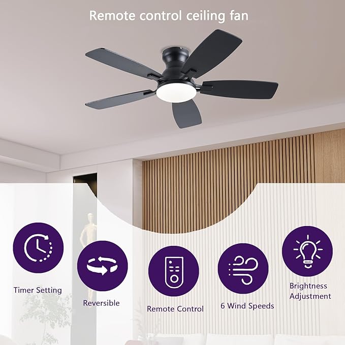 42inch Ceiling Fans with Lights, Low Profile Ceiling Fan with Light and Remote/APP Control, DC Reversible Motor, Noiseless, Flush Mount, Black Ceiling Fan for Bedroom Indoor/Outdoor Use