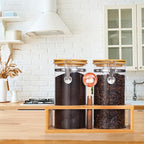 Glass Coffee Storage Container with Bamboo Shelf, 2PCS 49oz Airtight Sealed Coffee Bean Jar with Clamp Lid & Measuring Spoon, Kitchen Pantry Canister Set for Ground Coffee Sugar Tea Flour