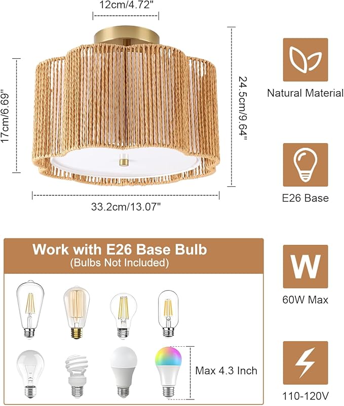 WILON Boho Light Fixture Ceiling Mount, 3-Light Rattan Light Fixture with Fabric Shade, Modern Woven Flower Semi Flush Mount Ceiling Light Fixture for Hallway Entryway Bedroom Nursery Kitchen