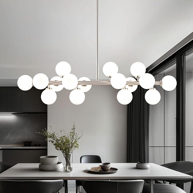 16-Light Globe Sputnik Chandelier, Mid Century Modern Light Fixture Over Table, Nickel Linear Chandeliers for Dining Room and Kitchen Island (Milk White Glass Bubble Shades, 40 Inch)