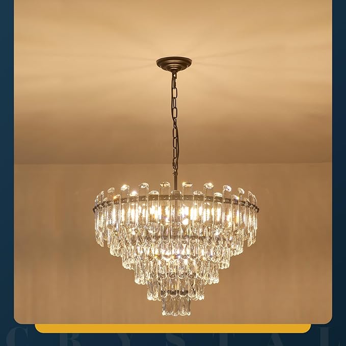 6-Tiers Modern Crystal Chandelier Black 12-Light 23.6'' Contemporary Round Pendant Chandeliers Light Luxury Ceiling Hanging Lighting for Living Dining Room Bedroom Kitchen Island Foyer
