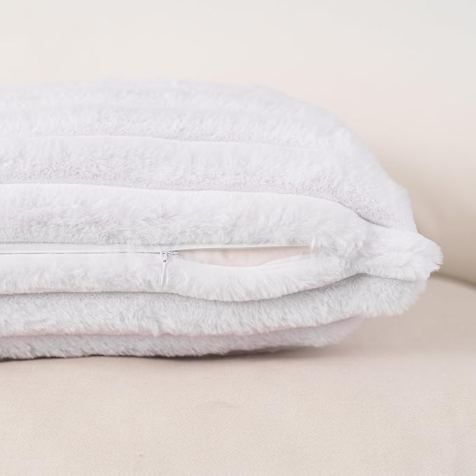 NiNi ALL Faux Fur Plush Throw Pillow Covers White 22x22 Inch Set of 2 Decorative Soft Plush Striped Couch Pillow Cover for Sofa Cushion Cases for Couch Bed Home Decor