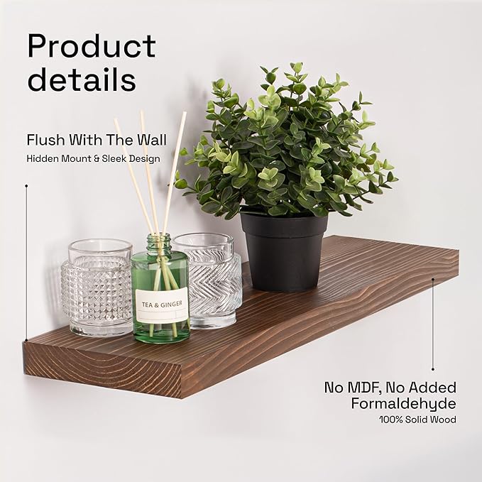 BAOBAB WORKSHOP Wood Floating Shelves for Wall 20 Inch, Solid Real Wooden Bathroom Shelf, Heavy Duty Wall Shelf Mounted 20 in Kitchen Rustic Farmhouse, Walnut Floating Shelves, 20W × 6.7D, Set of 2