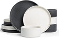 Famiware Star Dinnerware Set, Plates and Bowls Sets for 4 (12pcs), Ribbed Stoneware Dishes - Chip & Scratch Resistant, Microwave & Dishwasher Safe, Multicolor - Matte White & Matte Dark Charcoal