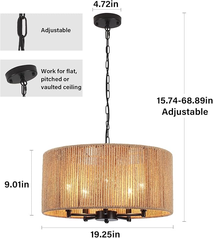 5 Lights Boho Chandelier for Dining Room,19" Hand-Woven Pendant Light Fixture Hanging Rattan Chandelier for Living Room Kitchen Entryway Hallway Foyer, Height Adjustment