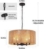 5 Lights Boho Chandelier for Dining Room,19" Hand-Woven Pendant Light Fixture Hanging Rattan Chandelier for Living Room Kitchen Entryway Hallway Foyer, Height Adjustment