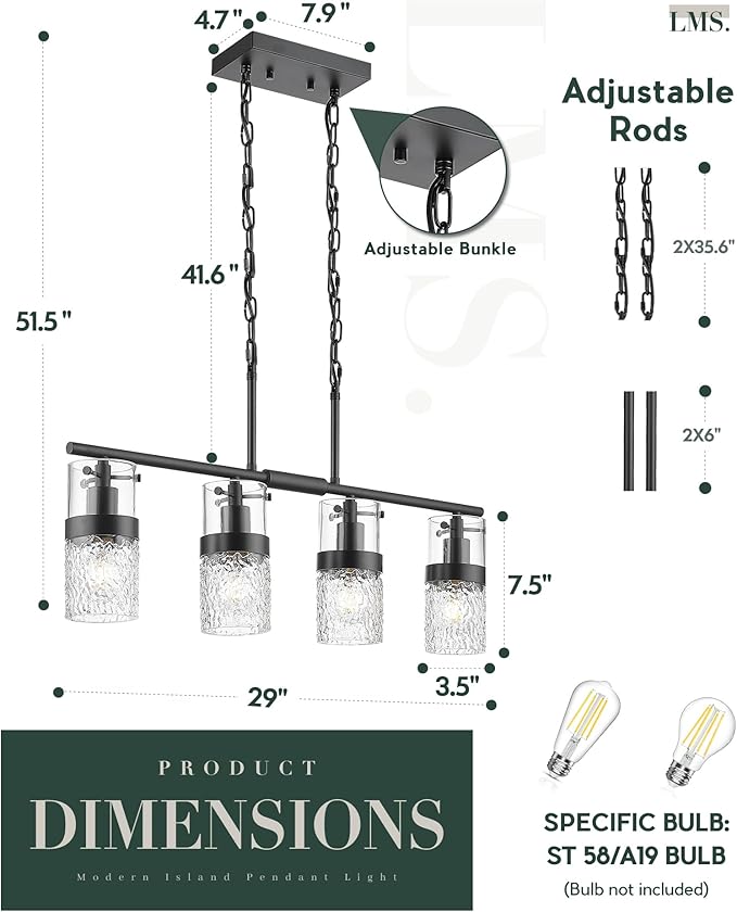 LMS 4-Light Island Lights, Farmhouse Light Fixtures with Hammered Glass Shade, Matte Black Linear Chandelier Pendant Lighting Over Table for Adjustable Height, Kitchen Island, LMS-171BK-4