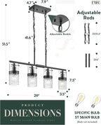 LMS 4-Light Island Lights, Farmhouse Light Fixtures with Hammered Glass Shade, Matte Black Linear Chandelier Pendant Lighting Over Table for Adjustable Height, Kitchen Island, LMS-171BK-4