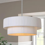 LamQee 3-Light Modern Drum Chandelier, 2-Tier Semi-Flush Mount Pendant Light Fixtures with Fabric Lampshades, 20” Hang Ceiling Lamp for Bedroom Dining Room Hotel
