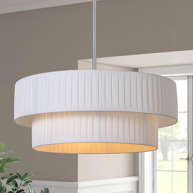 LamQee 3-Light Modern Drum Chandelier, 2-Tier Semi-Flush Mount Pendant Light Fixtures with Fabric Lampshades, 20” Hang Ceiling Lamp for Bedroom Dining Room Hotel