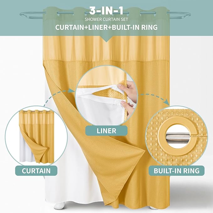 Gold No Hook Waffle Weave Shower Curtain with snap-in Liner Replacement, 230GSM Waterproof Fabric Hotel Shower Curtain Set for Bathroom, Through Mesh Top Window,71Wx86H