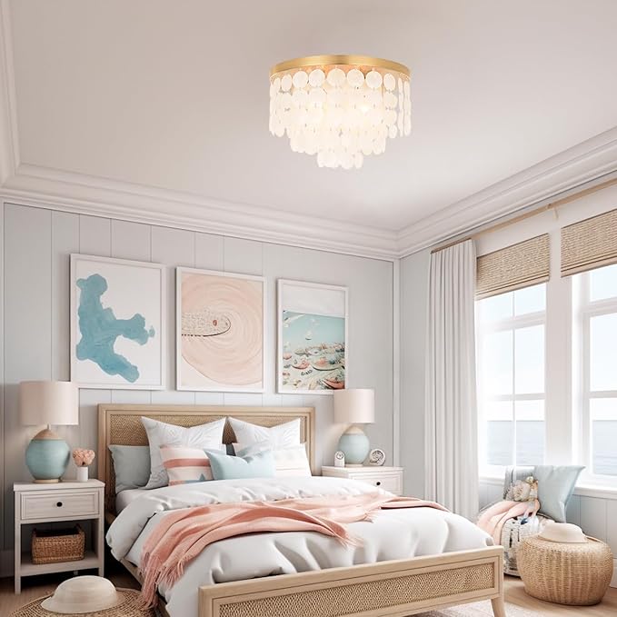 ALICE HOUSE 17.7" Capiz Shell Ceiling Light,Brushed Brass Finish, 4 Light Flush Mount Light for Bedroom, Kitchen, Dressing Room, Dining Room and Entryway AL2608-S4